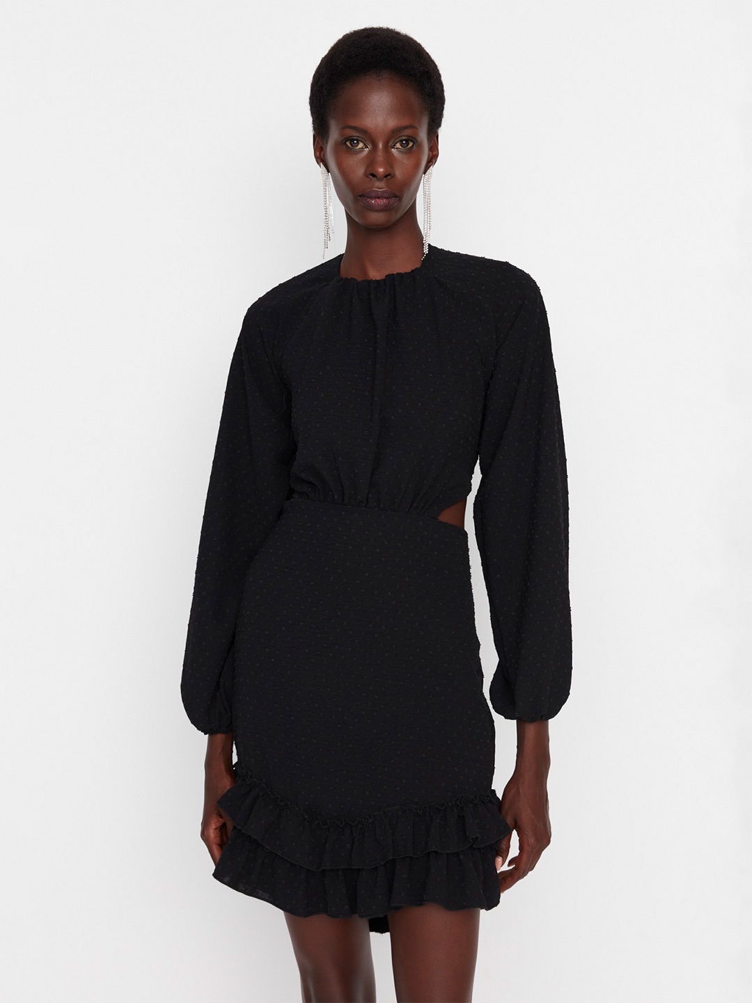 

Trendyol Self Design Puff Sleeves Tie-Up A-Line Dress, Na