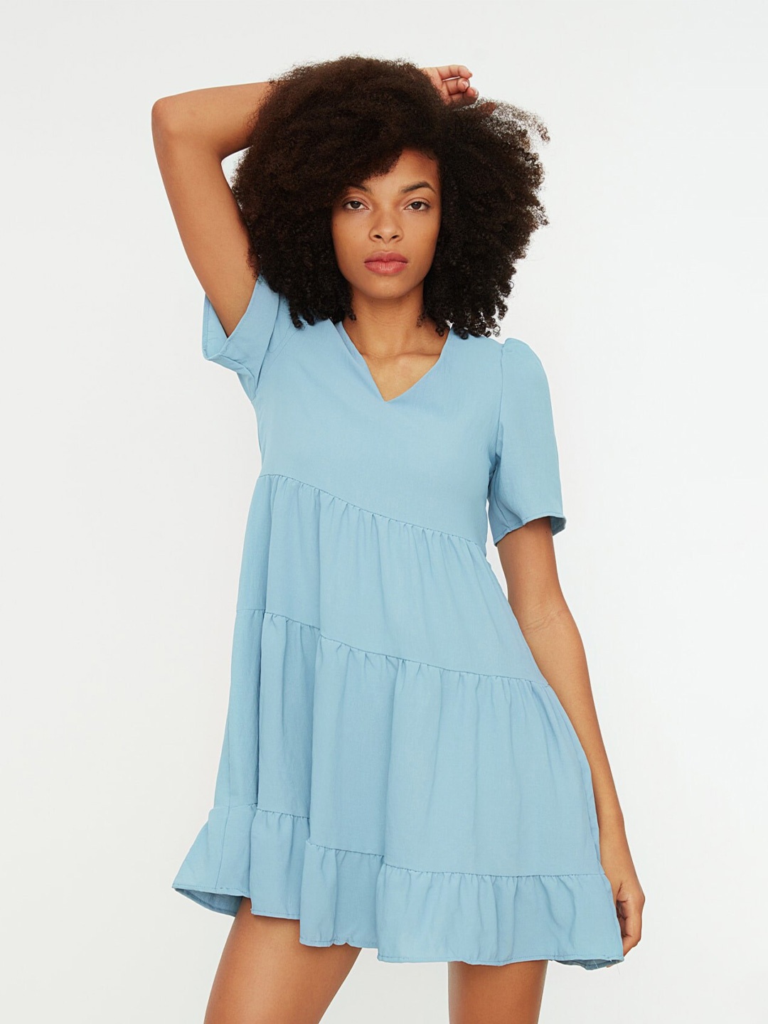 

Trendyol V-Neck Tiered A-Line Mini Dress, Blue