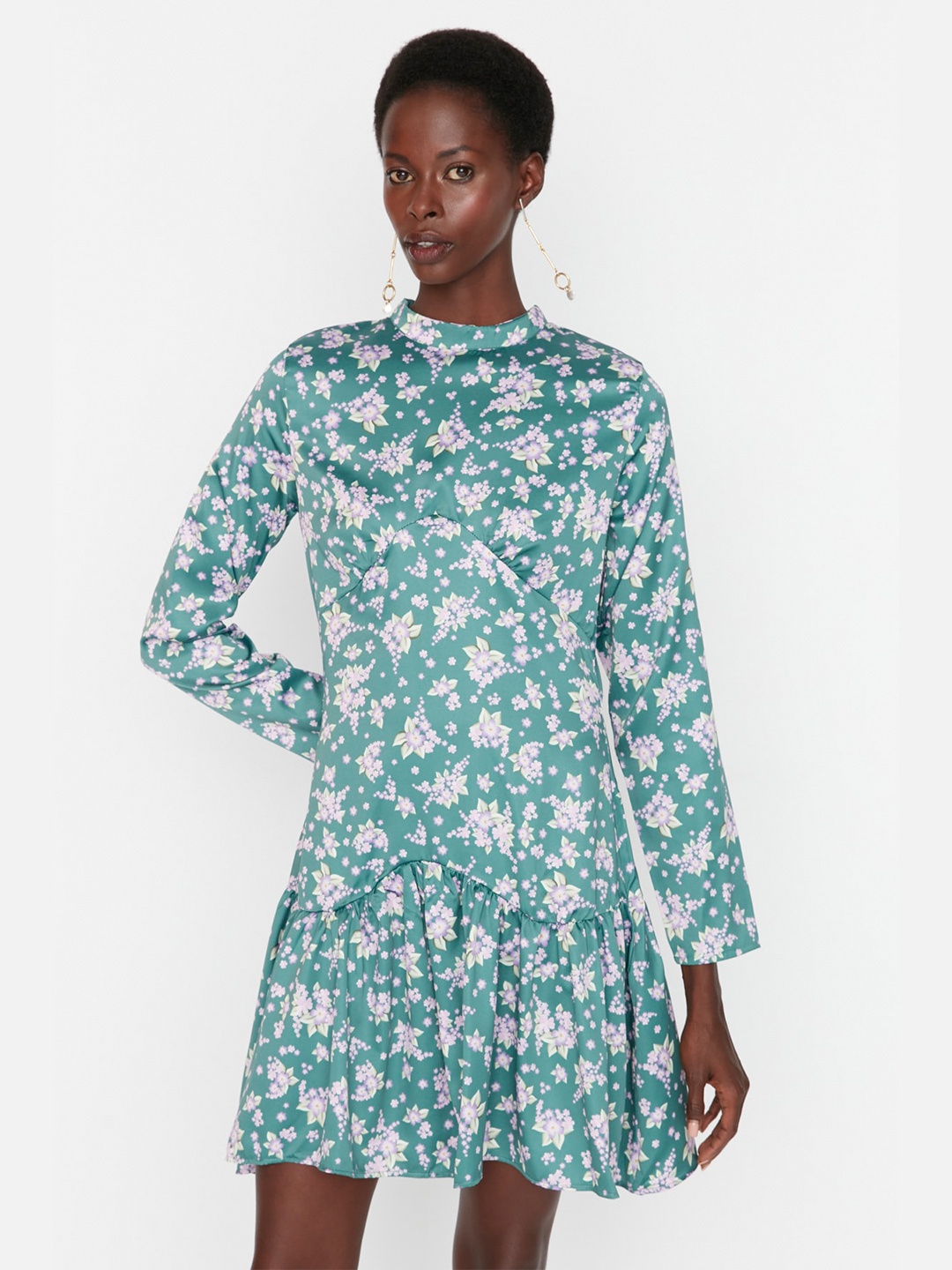 

Trendyol Floral Printed Mock Neck Drop-Waist Dress, Blue