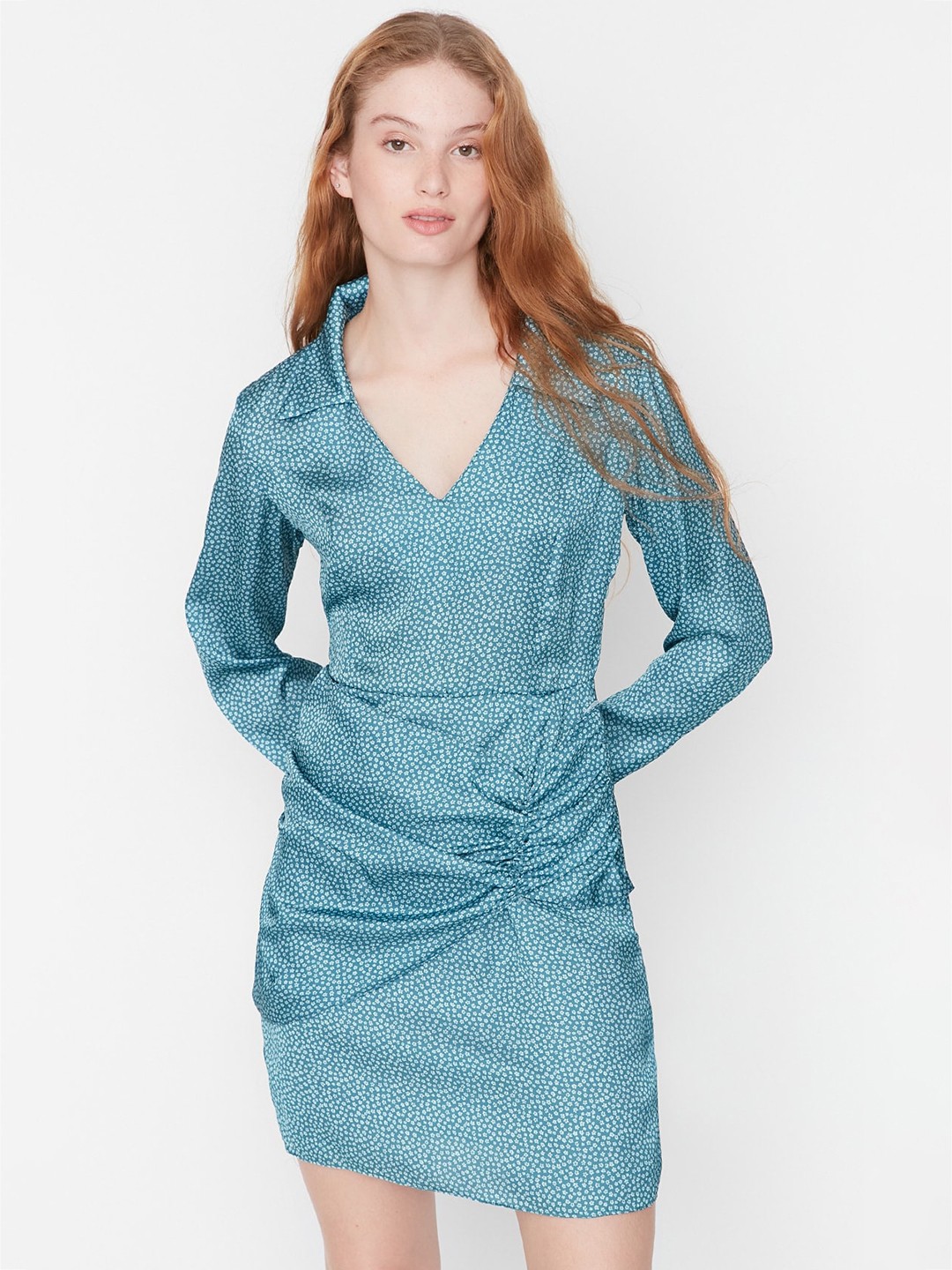 

Trendyol Floral Printed Ruched Sheath Dress, Blue