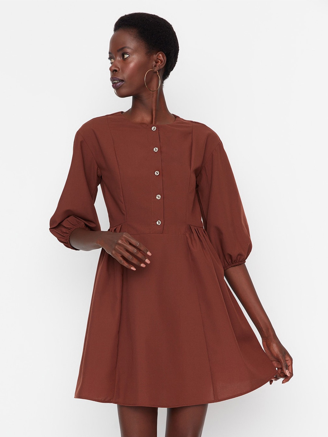 

Trendyol Puff Sleeves Pure Cotton Fit & Flare Mini Dress, Brown