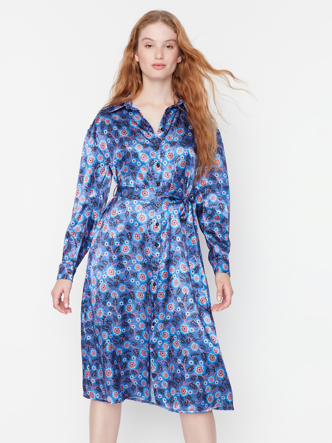 

Trendyol Floral Printed Cuffed Sleeves Shirt Dress, Blue