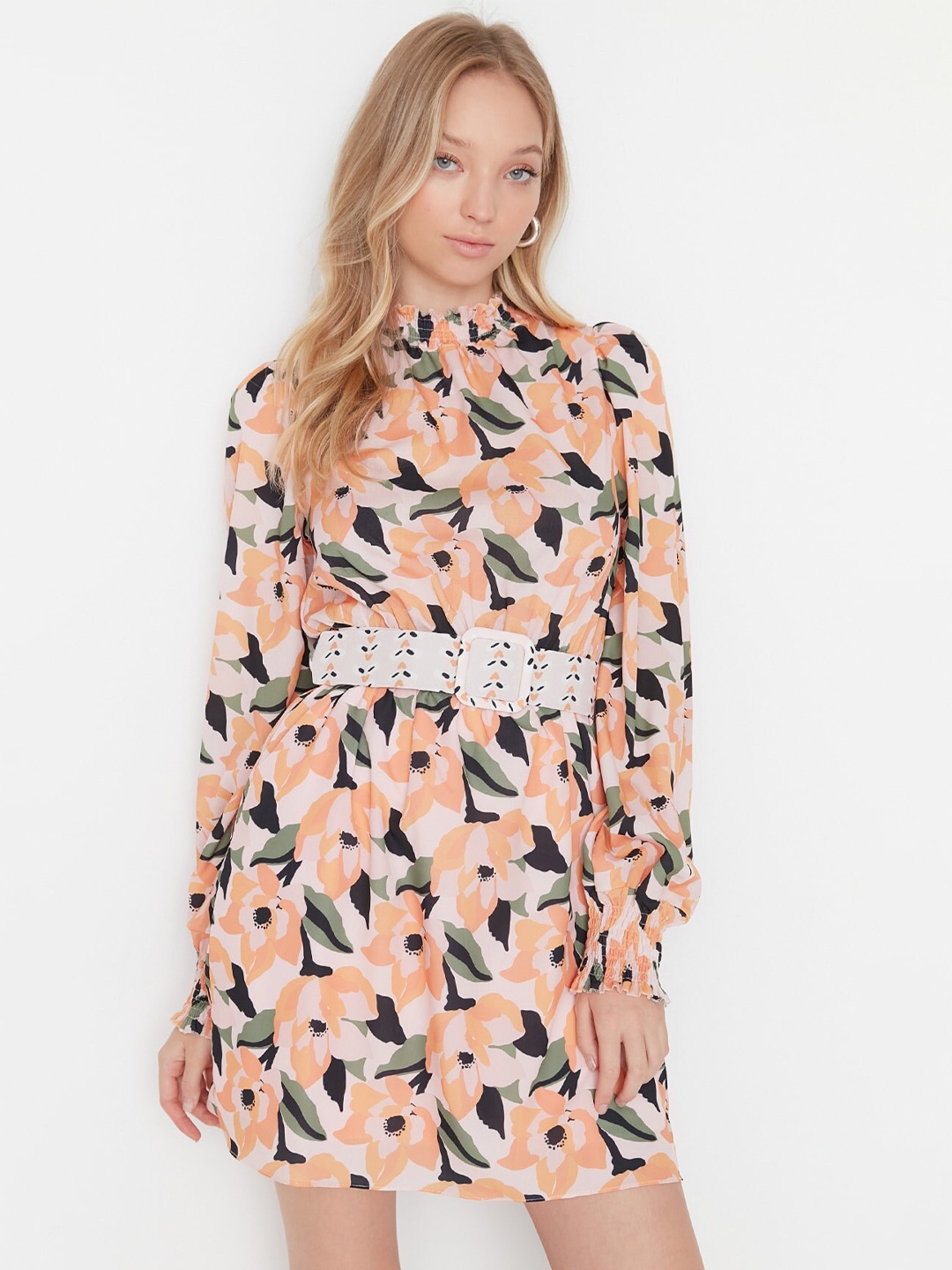 

Trendyol Floral Printed Fit & Flare Mini Dress With Belt, Peach