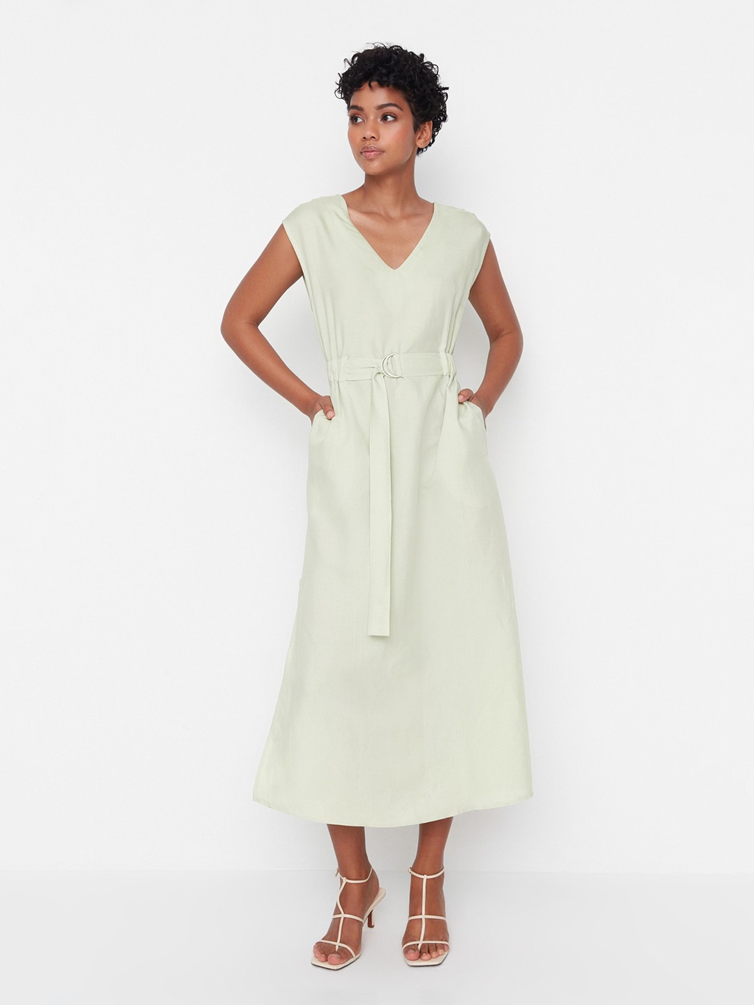 

Trendyol V-Neck Belted Pure Cotton A-Line Midi Dress, Sea green