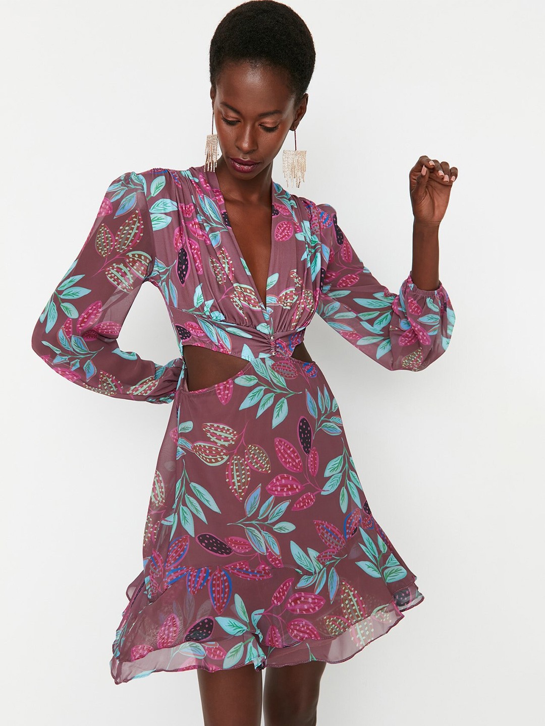 

Trendyol Floral Printed Cut Out A-Line Mini Dress, Lavender
