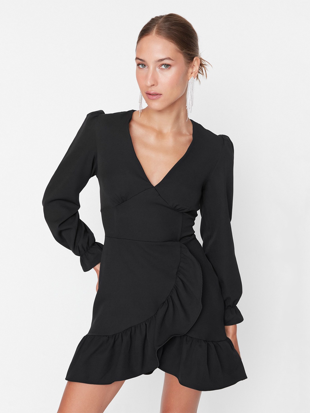 

Trendyol Bell Sleeves V-Neck Tulip Hem Empire Mini Dress, Black