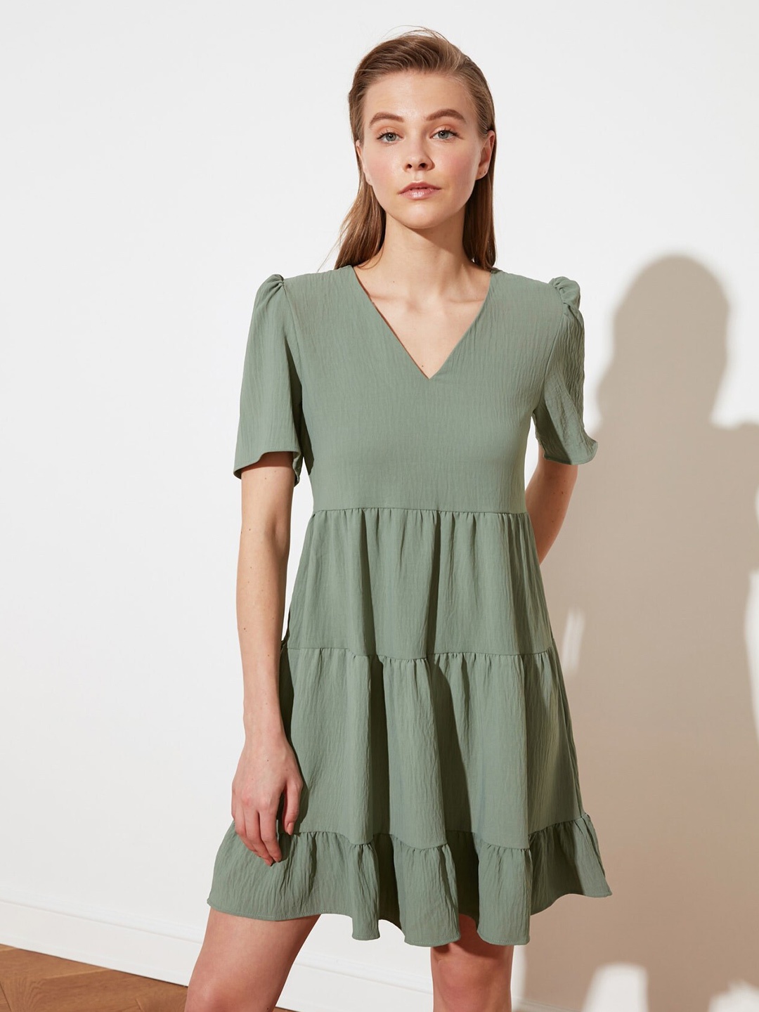 

Trendyol V-Neck Puff Sleeves Tiered Fit & Flare Dress, Sea green