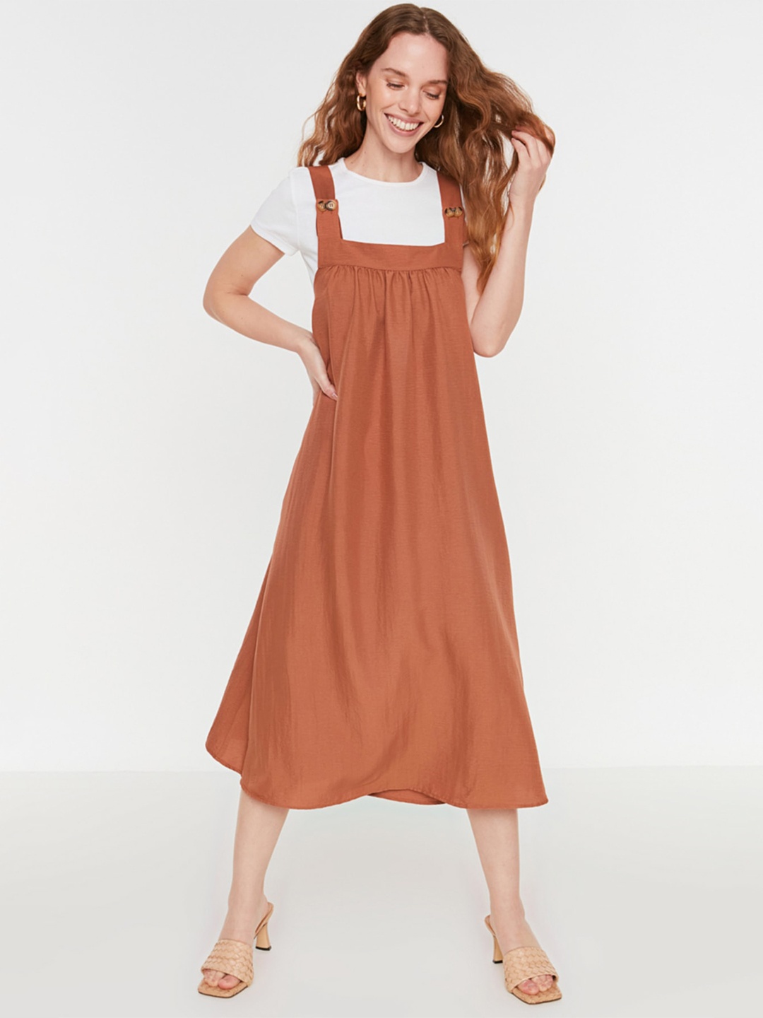

Trendyol Shoulder Straps Pinafore Midi Dress, Brown
