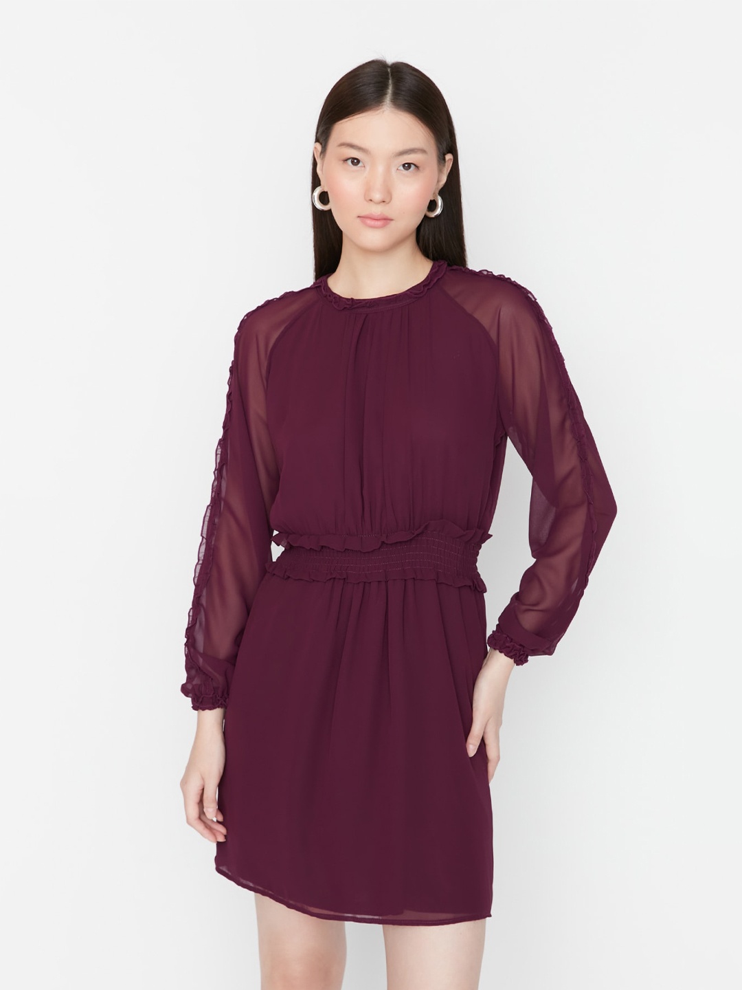 

Trendyol Round Neck Smocked Mini A-Line Dress, Burgundy