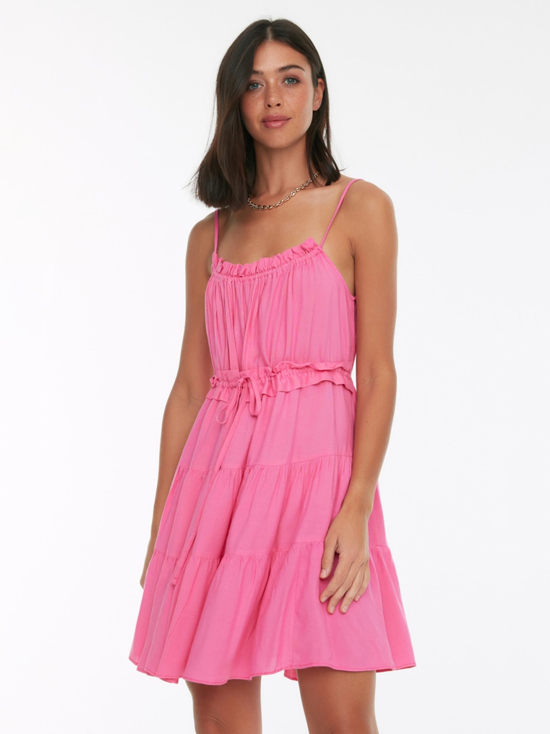 

Trendyol Shoulder Strap Gathered Tiered Fit & Flare Dress, Pink