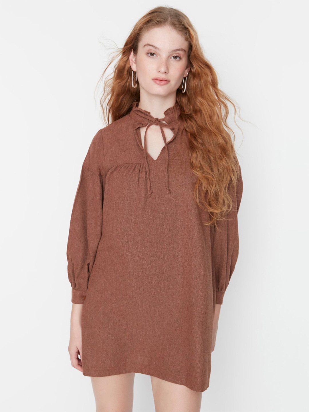 

Trendyol Tie-Up Neck Cuffed Sleeves A-Line Mini Dress, Brown