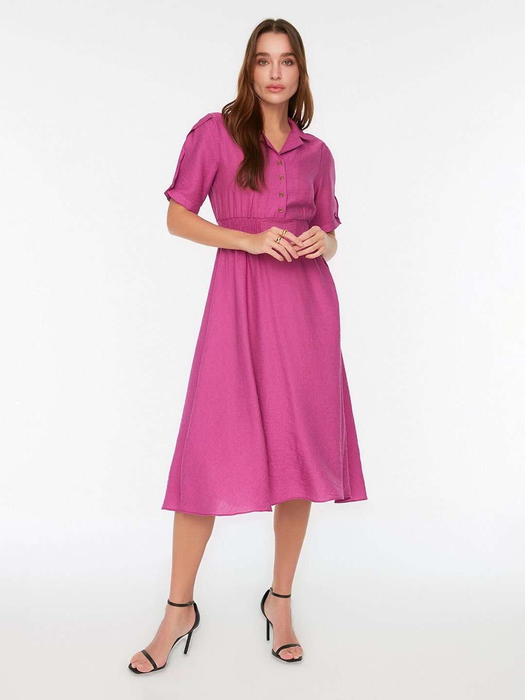

Trendyol Shirt Collar Smocked Fit & Flare Midi Dress, Purple