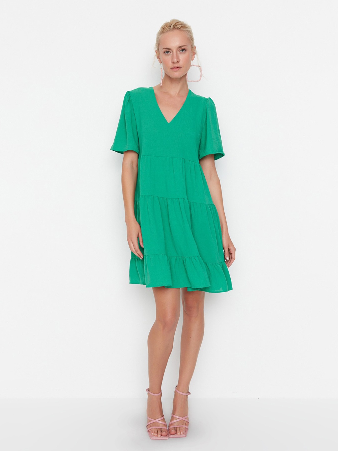 

Trendyol Flared Sleeve Tiered A-Line Dress, Green