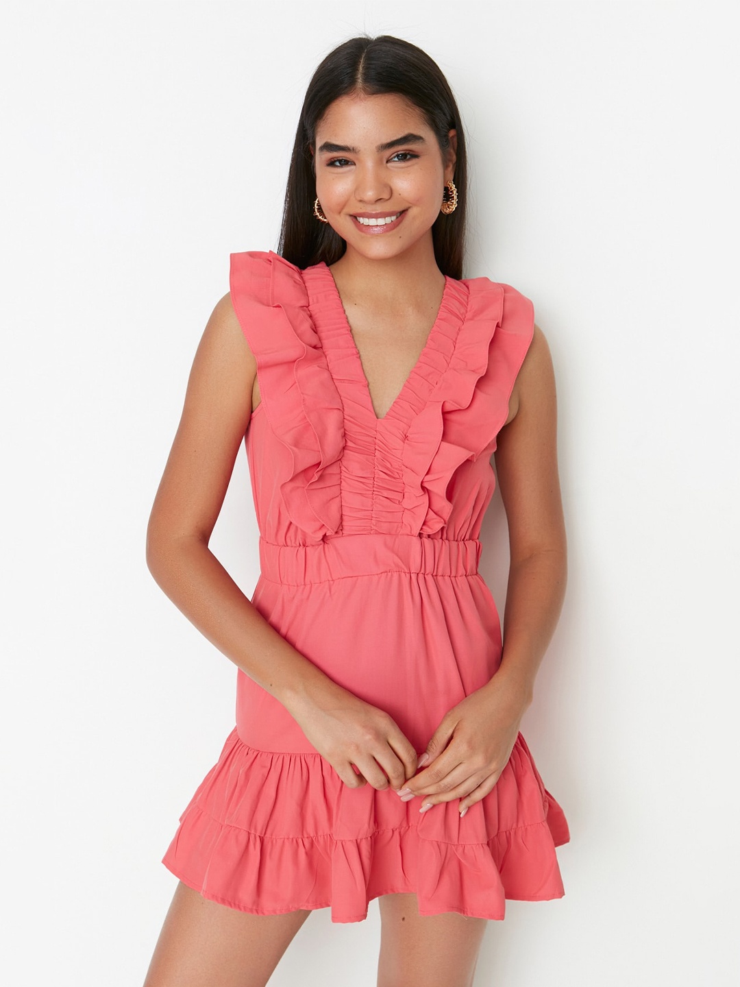 

Trendyol V-Neck Ruffles Mini Fit And Flare Dress, Na