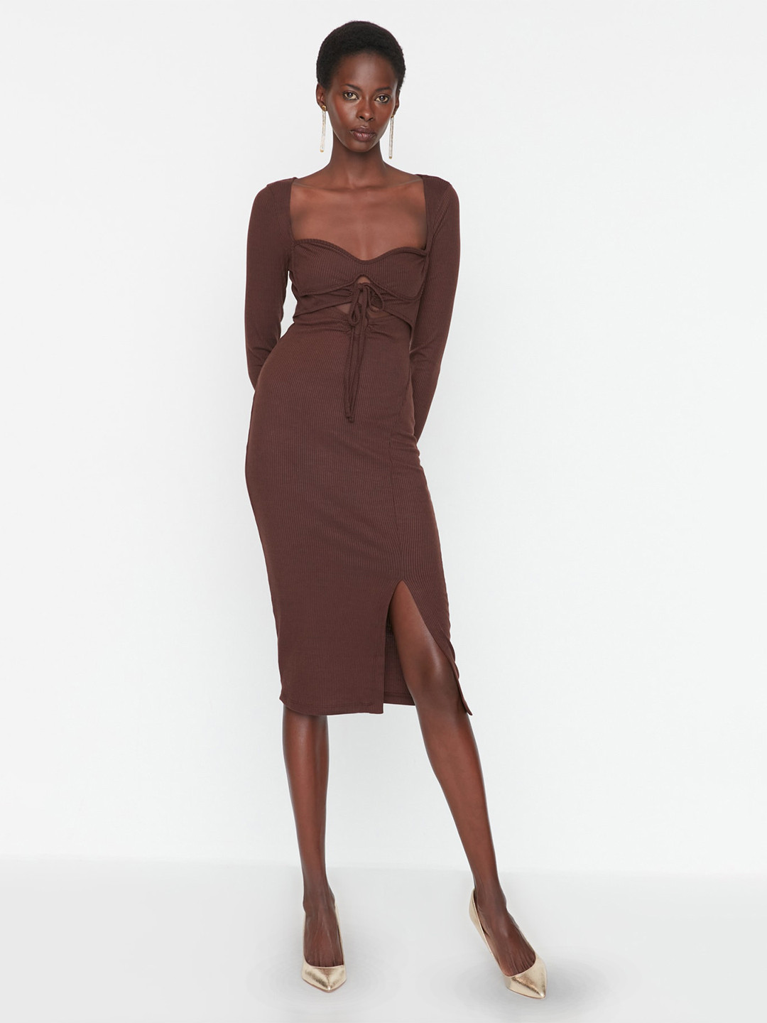 

Trendyol Sweetheart Neck Tie Up Bodycon Dress, Brown