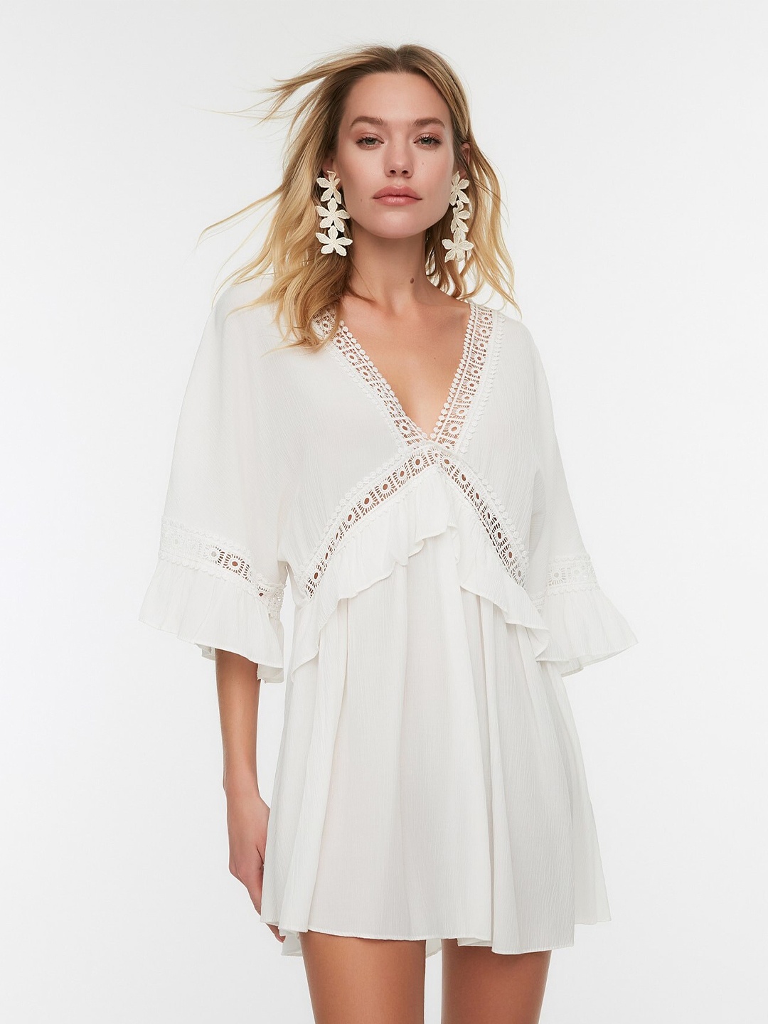 

Trendyol V-Neck Ruffles A-Line Mini Dress, White
