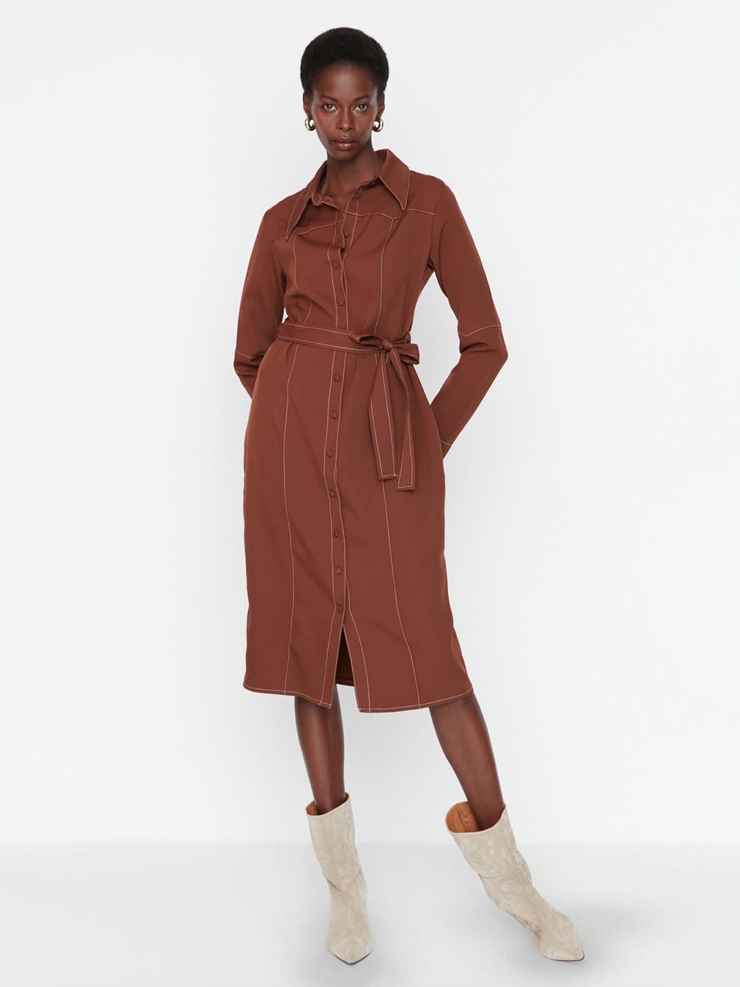 

Trendyol Shirt Collar Midi Shirt Dress With Belt, Brown