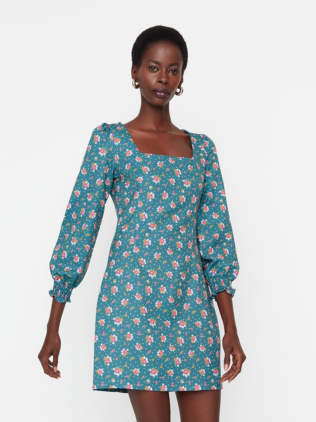 

Trendyol Floral Printed Puff Sleeve A-Line Dress, Blue