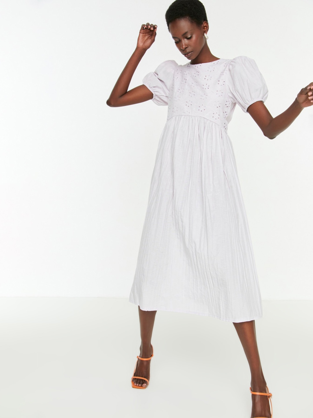 

Trendyol Puff Sleeve Schiffli Fit & Flare Midi Dress, White