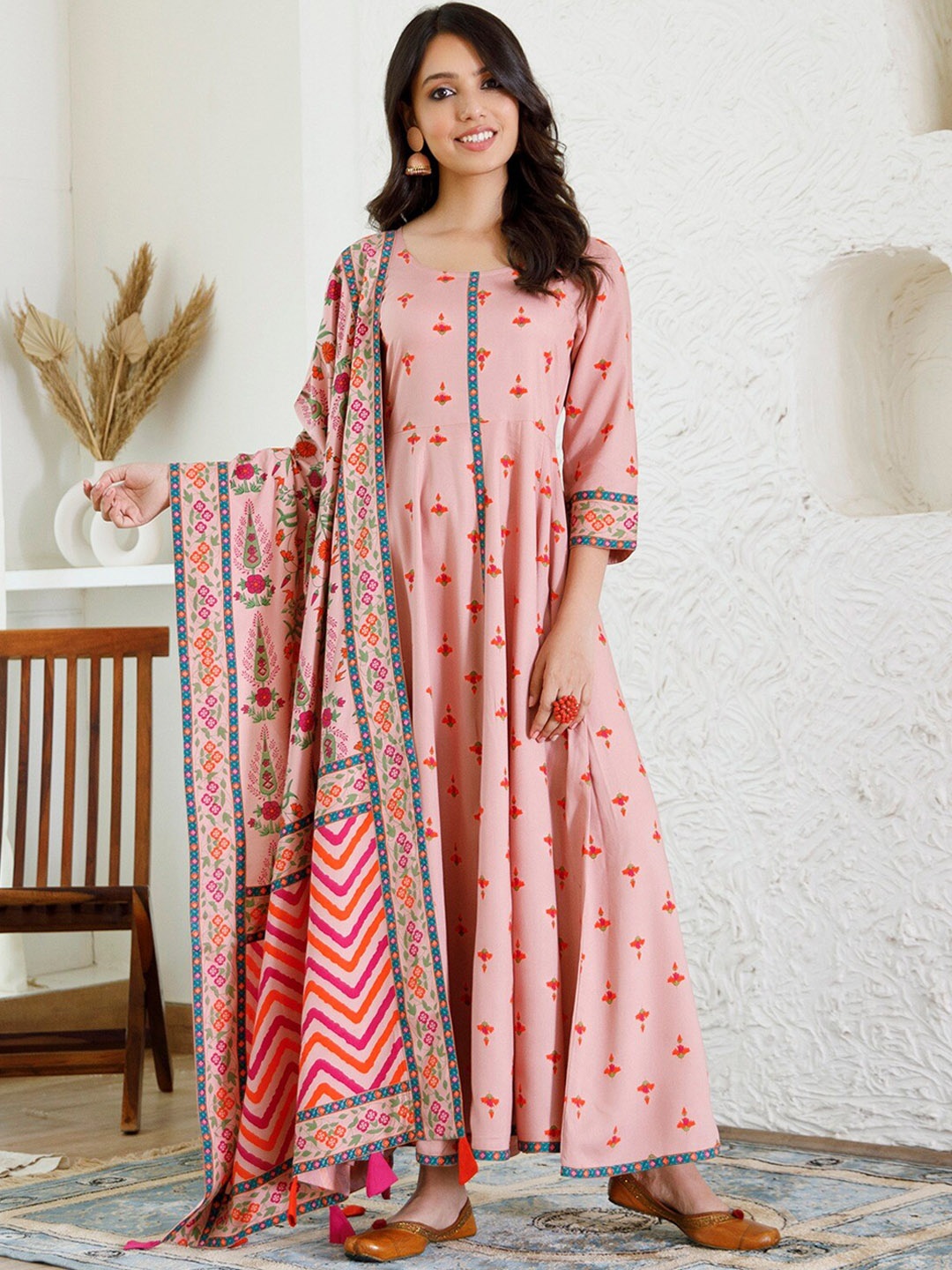 

Rustorange Floral Printed Fit & Flare Maxi Ethnic Dress with Dupatta, Pink