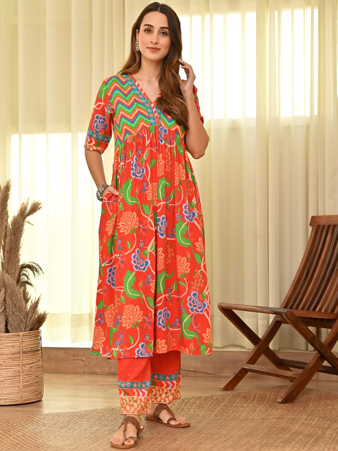 

Rustorange Floral Printed Empire Anarkali Kurta with Trousers, Orange