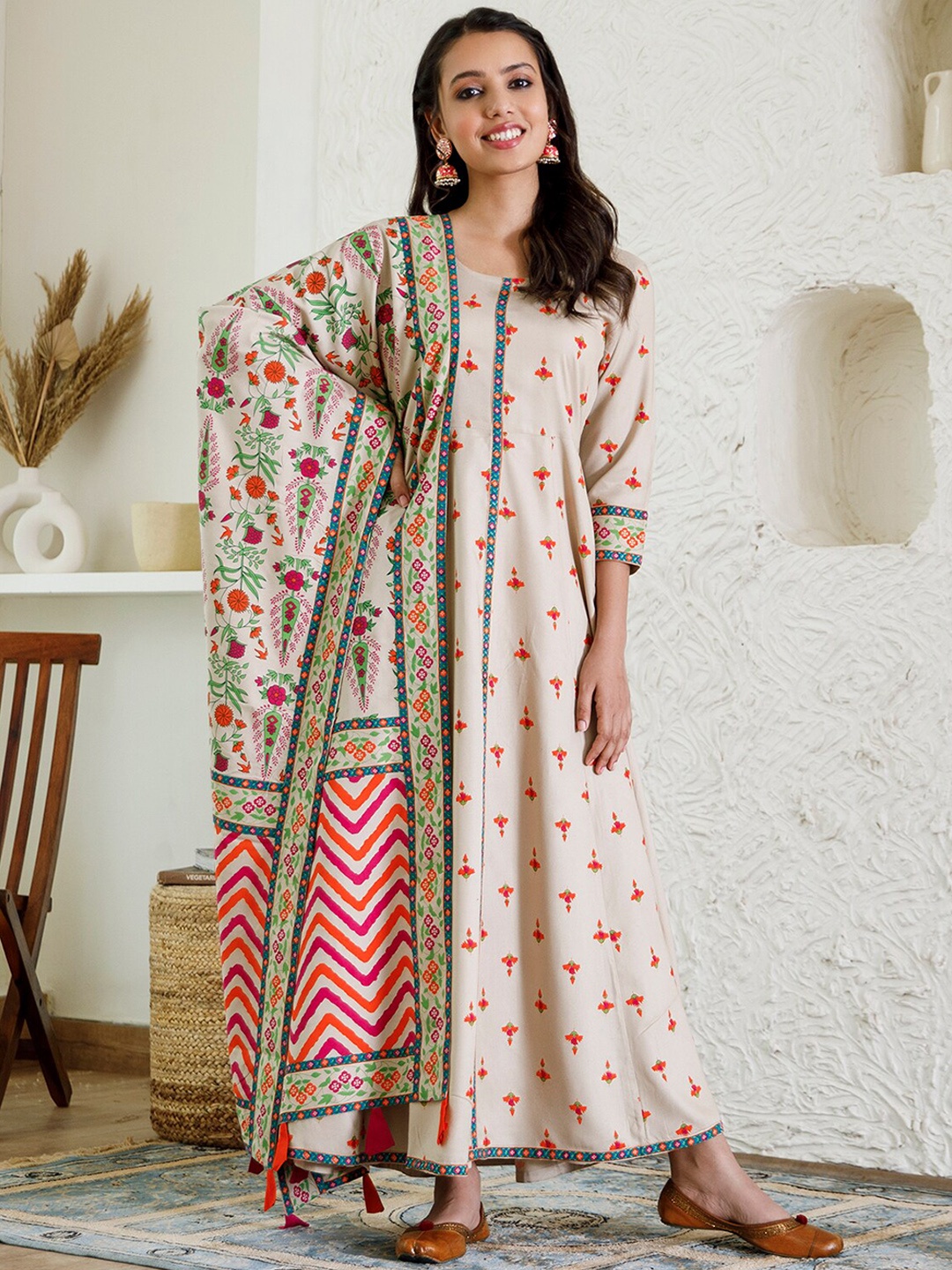 

Rustorange Ethnic Motifs Printed A-Line Maxi Ethnic Dress With Dupatta, Beige