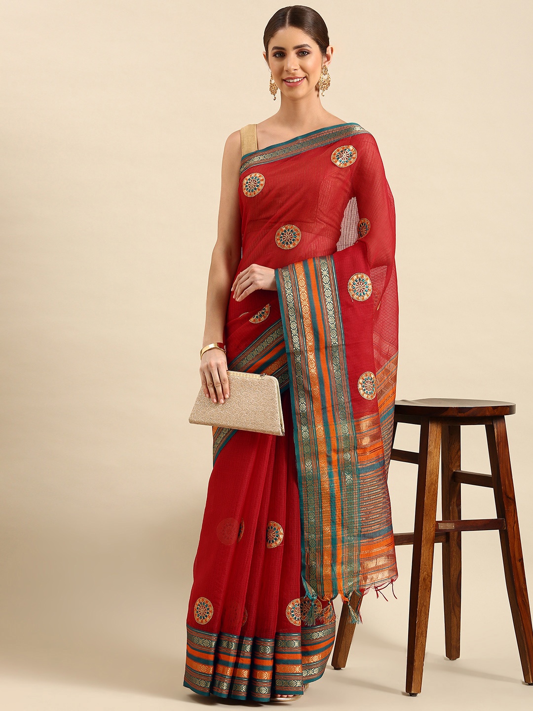 

KALINI Ethnic Motifs Embroidered Kota Saree, Red