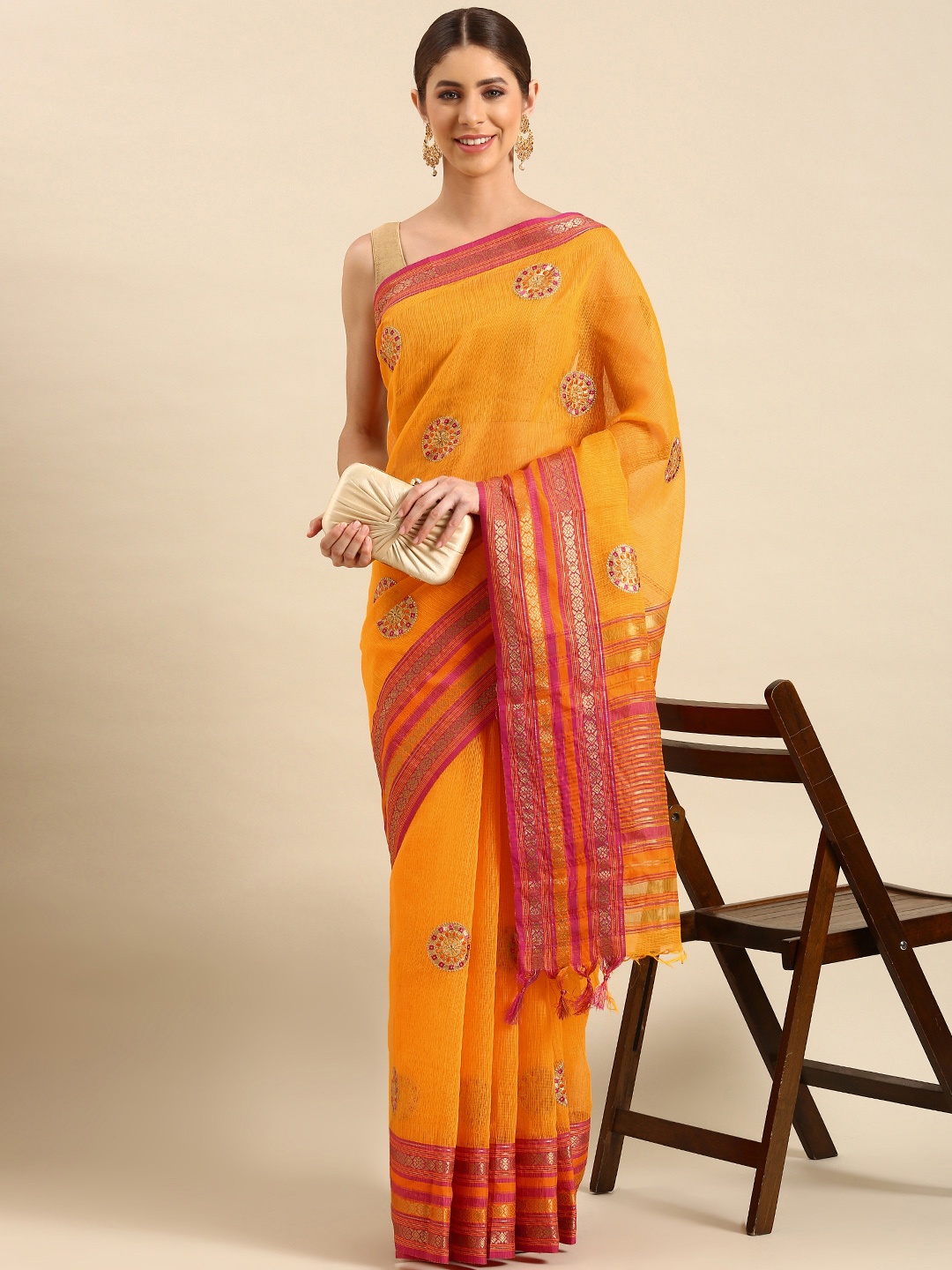 

KALINI Ethnic Motifs Embroidered Kota Saree, Mustard