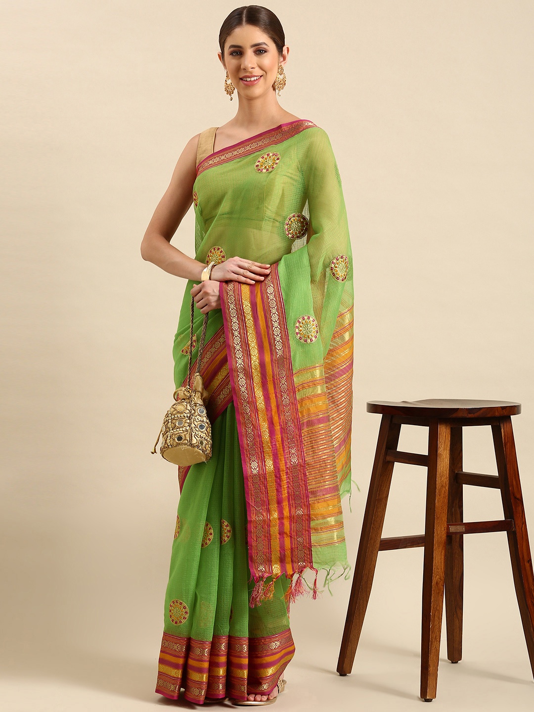 

KALINI Ethnic Motifs Embroidered Kota Saree, Green