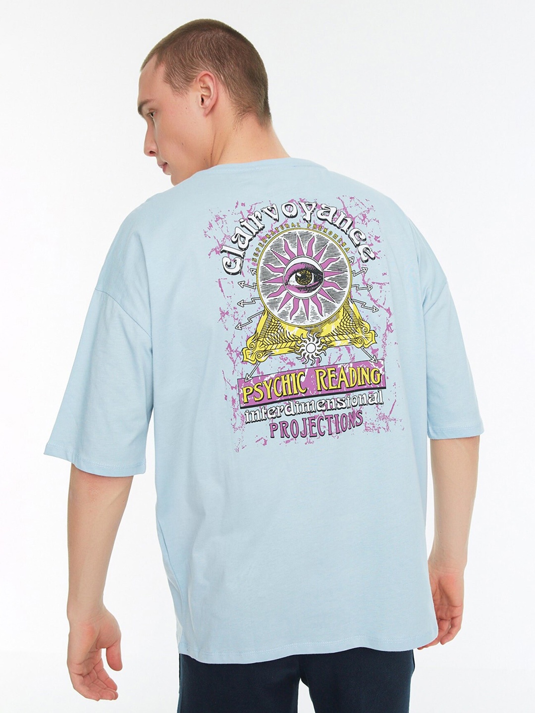 

Trendyol Typography Printed Drop Shoulder Sleeves Pure Cotton T-shirt, Blue