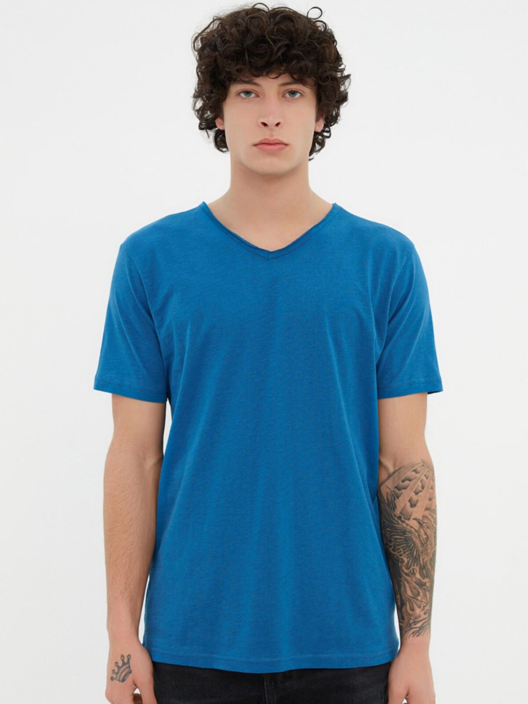 

Trendyol V-Neck Knitted Cotton T-shirt, Blue