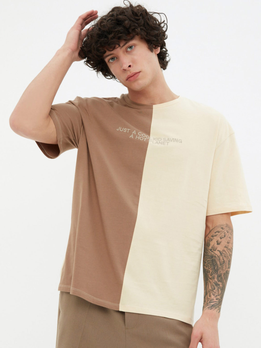 

Trendyol Colourblocked Drop-Shoulder Sleeves Pure Cotton T-shirt, Brown