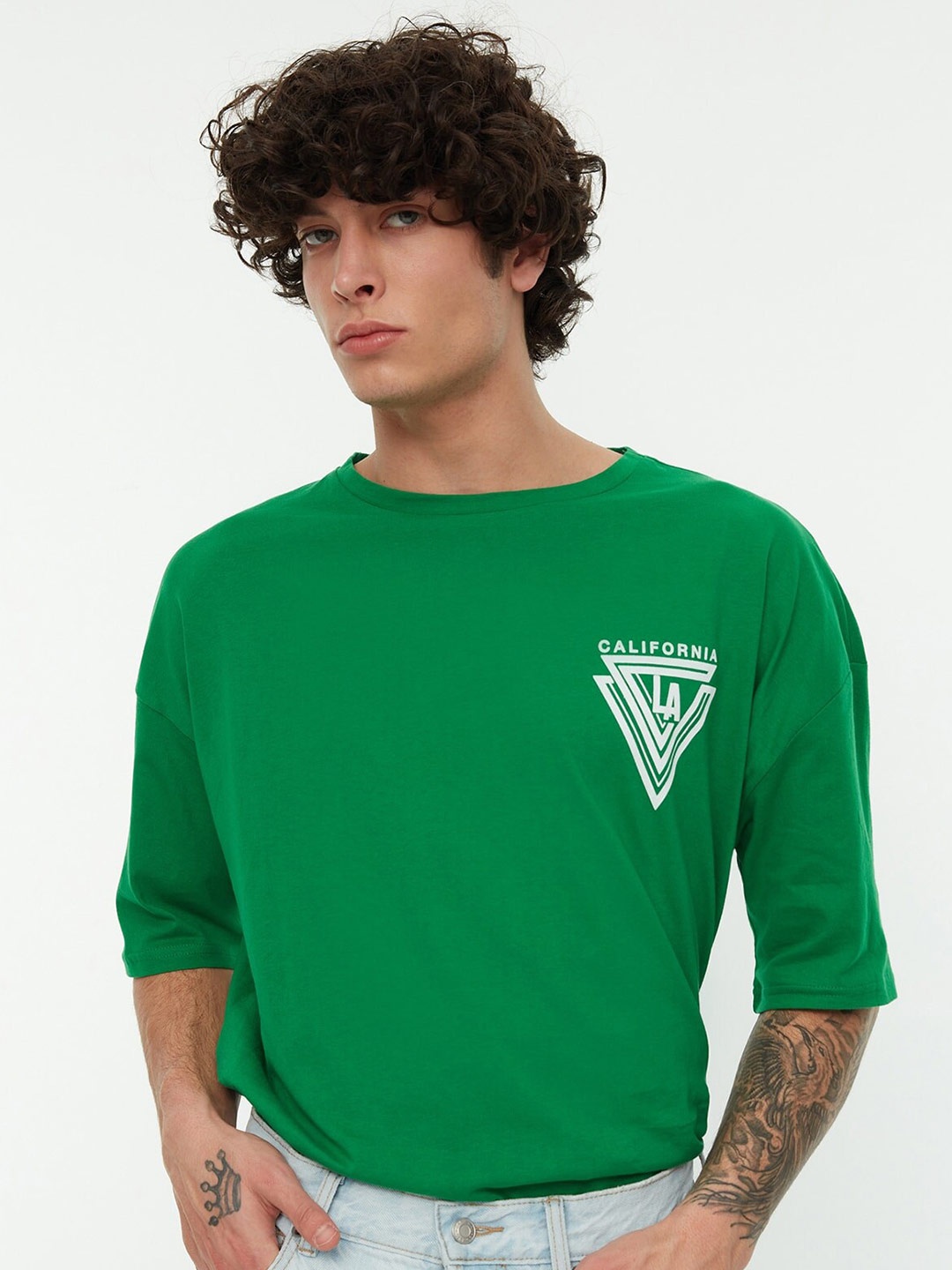 

Trendyol Drop-Shoulder Sleeves Pure Cotton T-shirt, Green