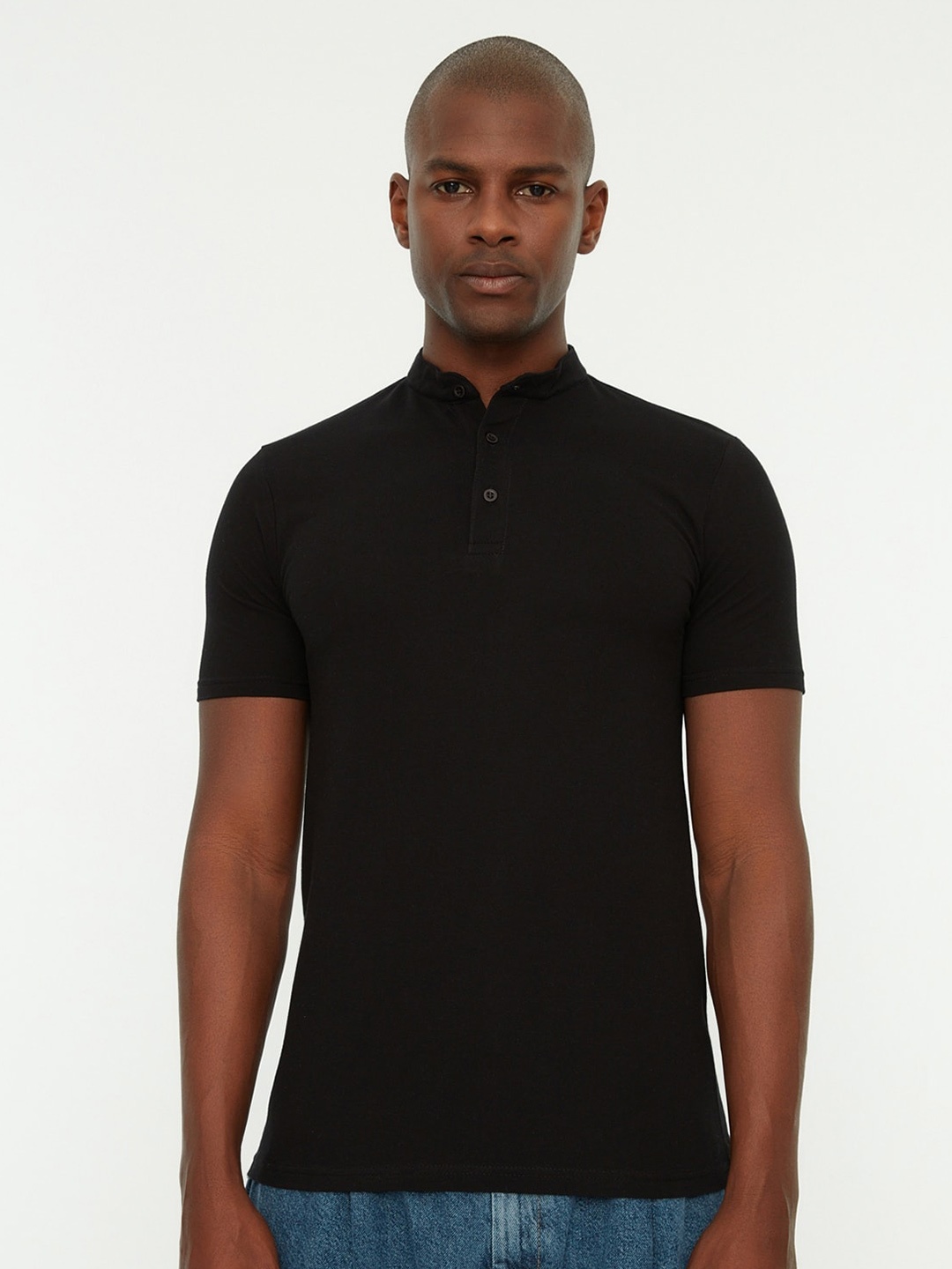 

Trendyol Mandarin Collar Pure Cotton T-shirt, Black
