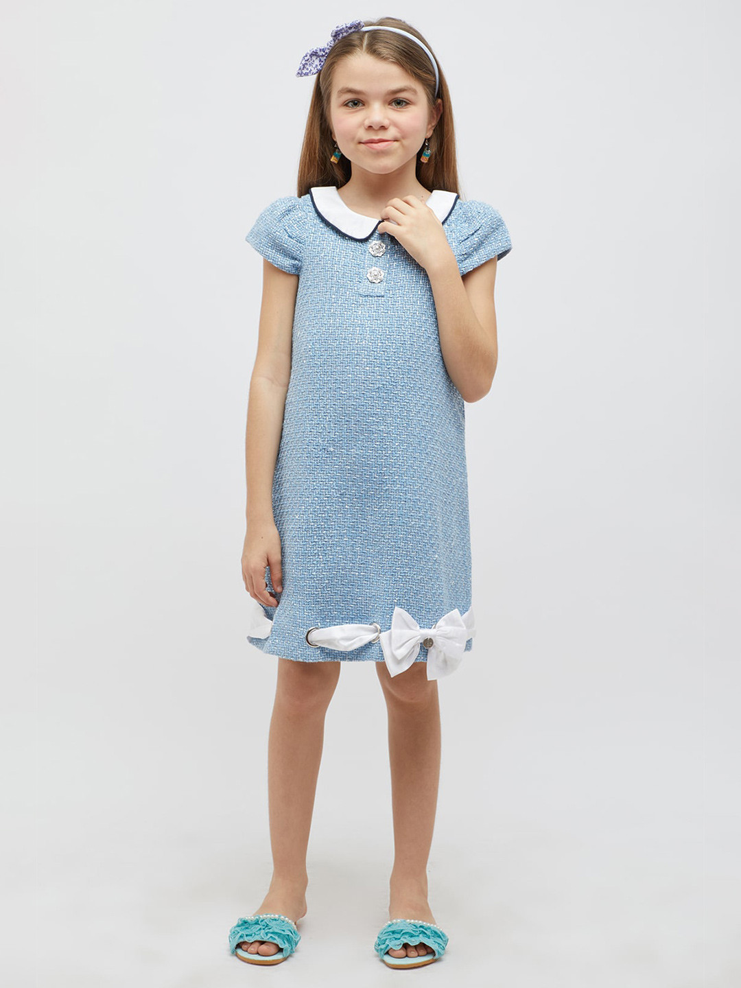 

One Friday Girls Self Design Peter Pan Collar Bow Detail A-Line Dress, Blue