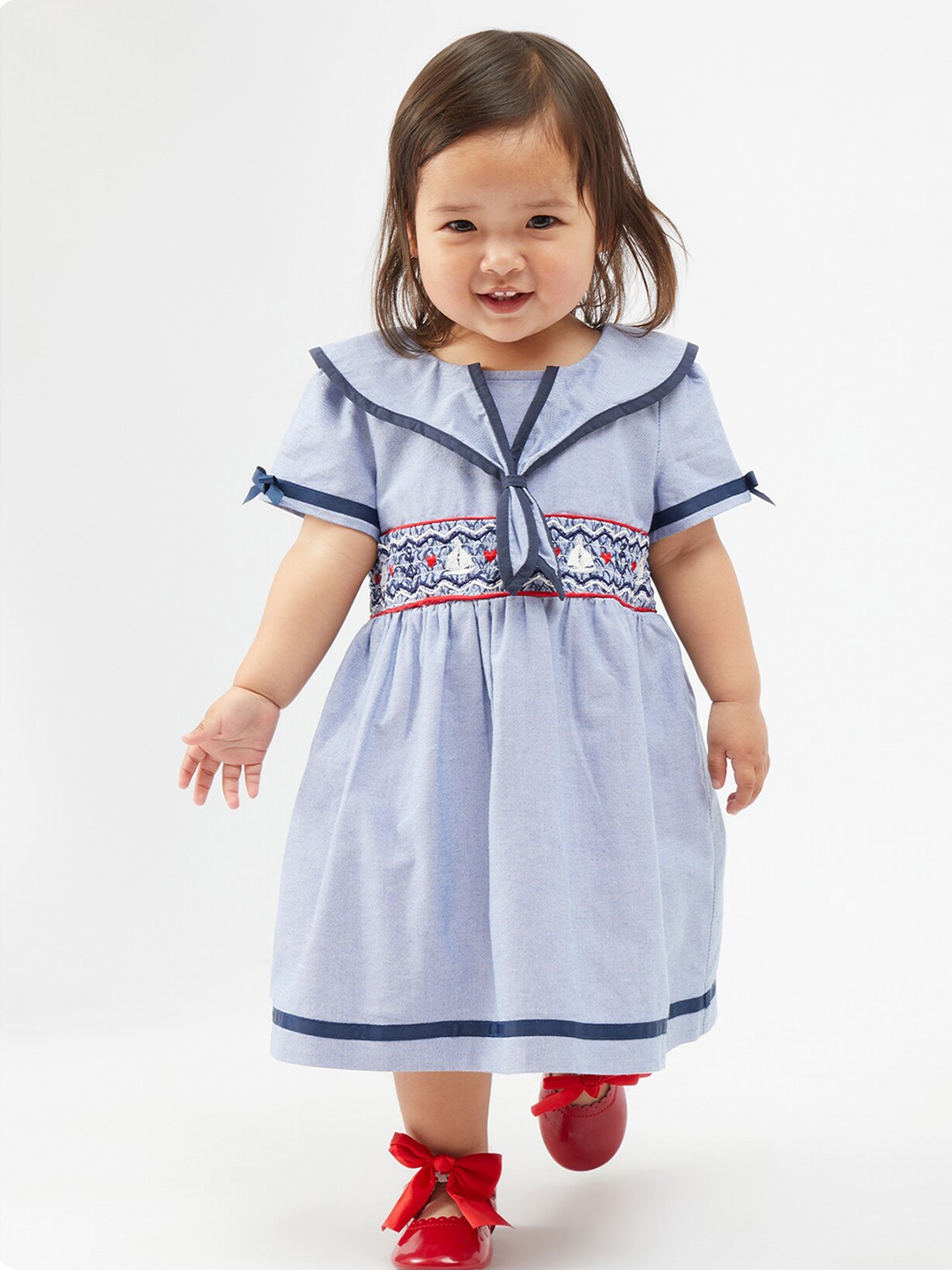 

One Friday Infant Girls Conversational Embroidered Smocked Pure Cotton Fit & Flare Dress, Blue