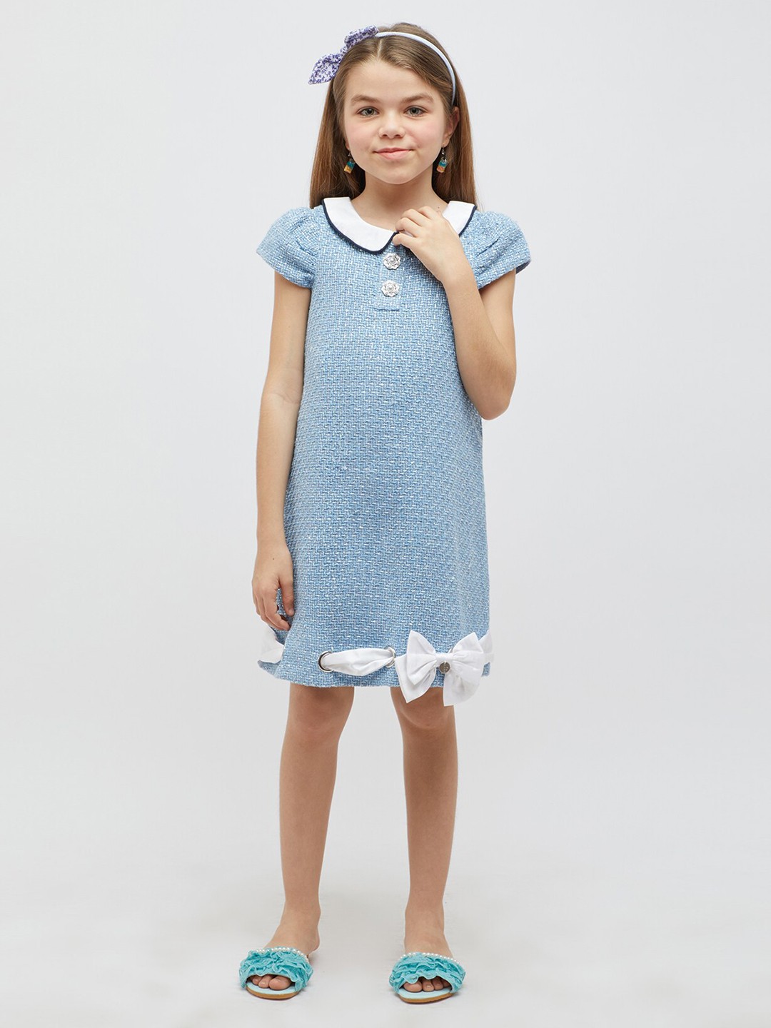 

One Friday Girls Self Design Peter Pan Collar Bow A-Line Dress, Blue