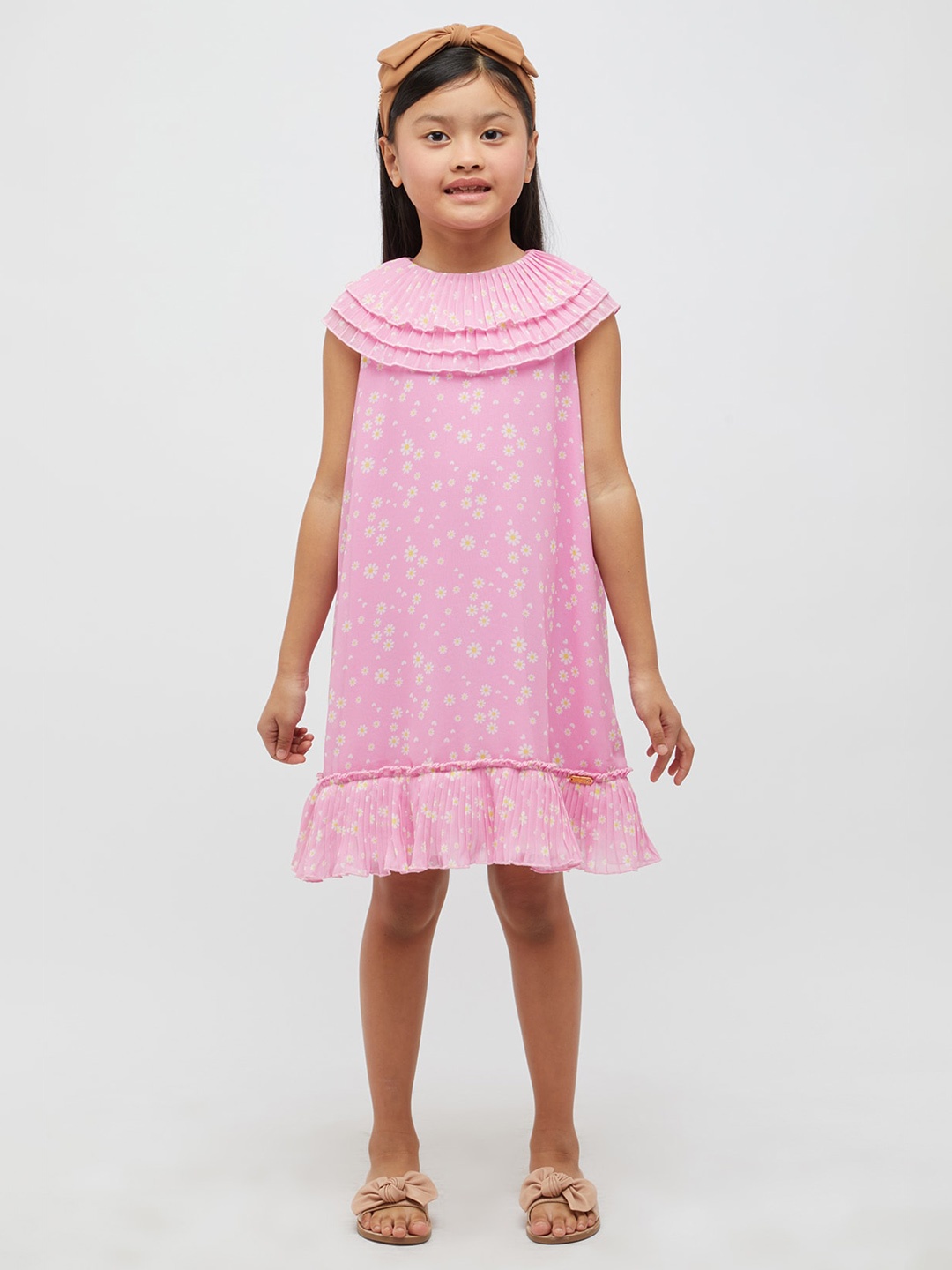 

One Friday Girls Floral Printed Ruffled A-Line Dress, Pink