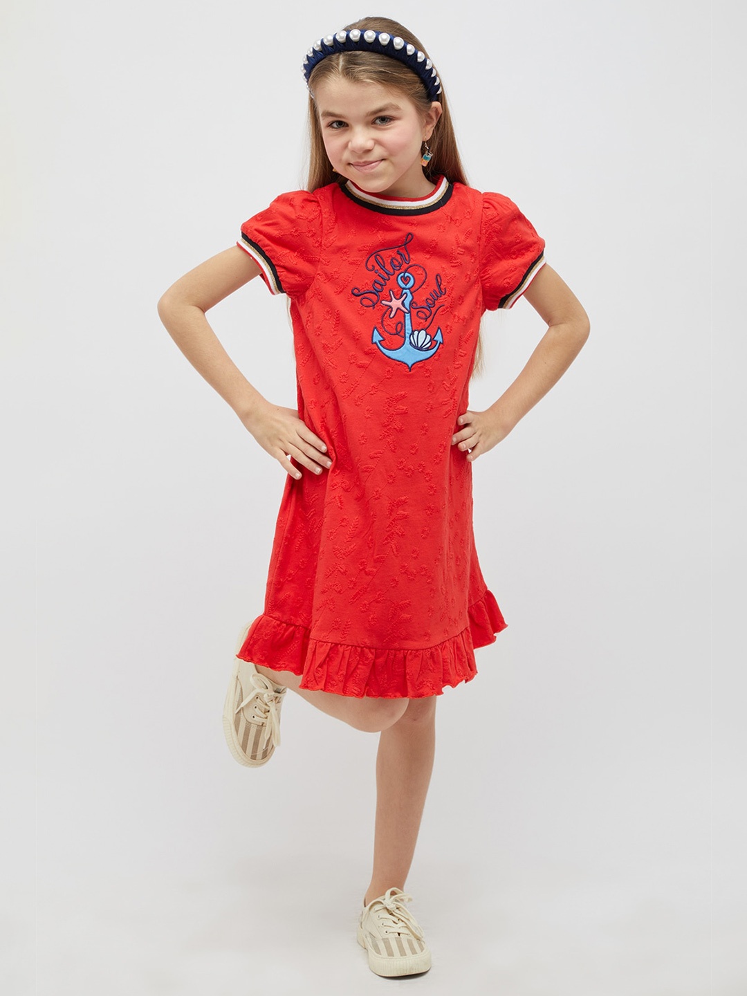 

One Friday Girls Typography Embroidered Pure Cotton A-Line Dress, Red