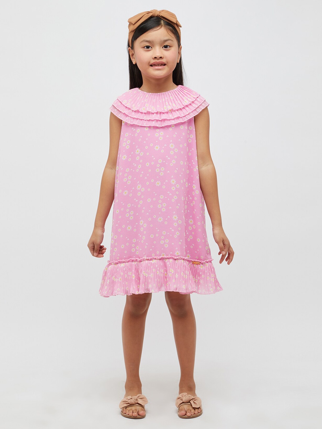 

One Friday Girls Floral Printed Ruffled A-Line Dress, Pink