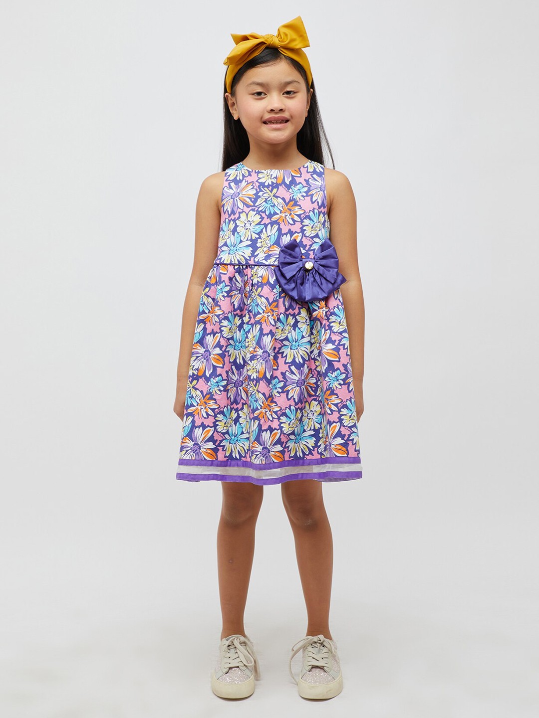 

One Friday Girls Floral Printed Smocked Pure Cotton Fit & Flare Dress, Purple