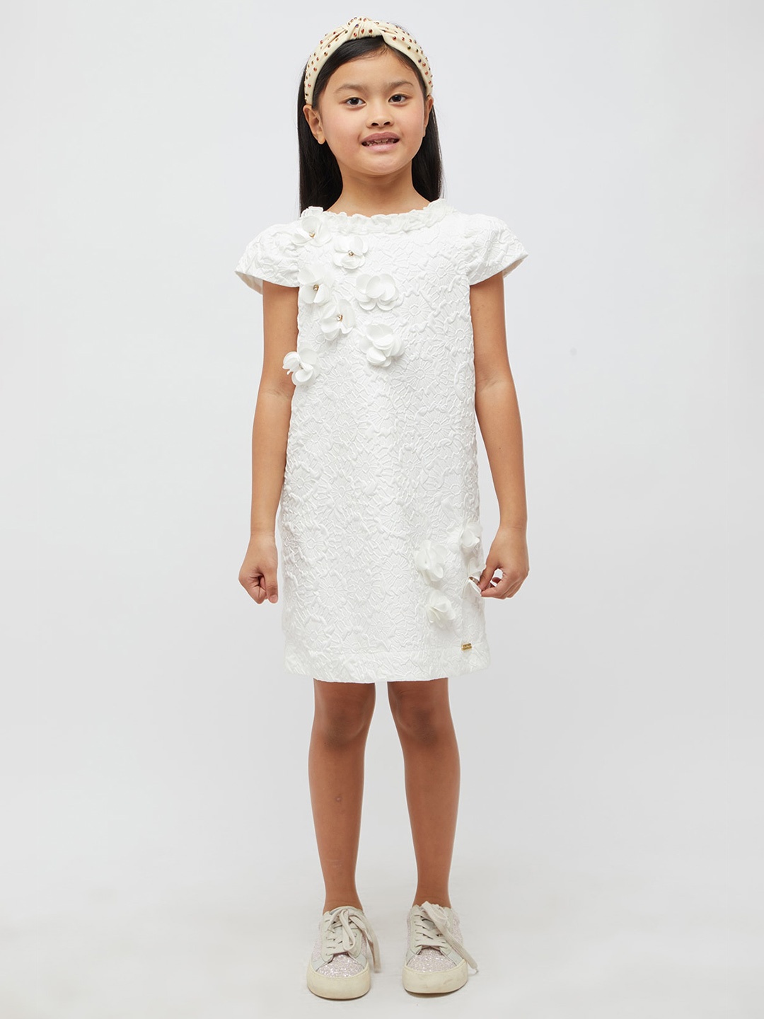 

One Friday Girls Self Design Cap Sleeves A-Line Dress, Off white