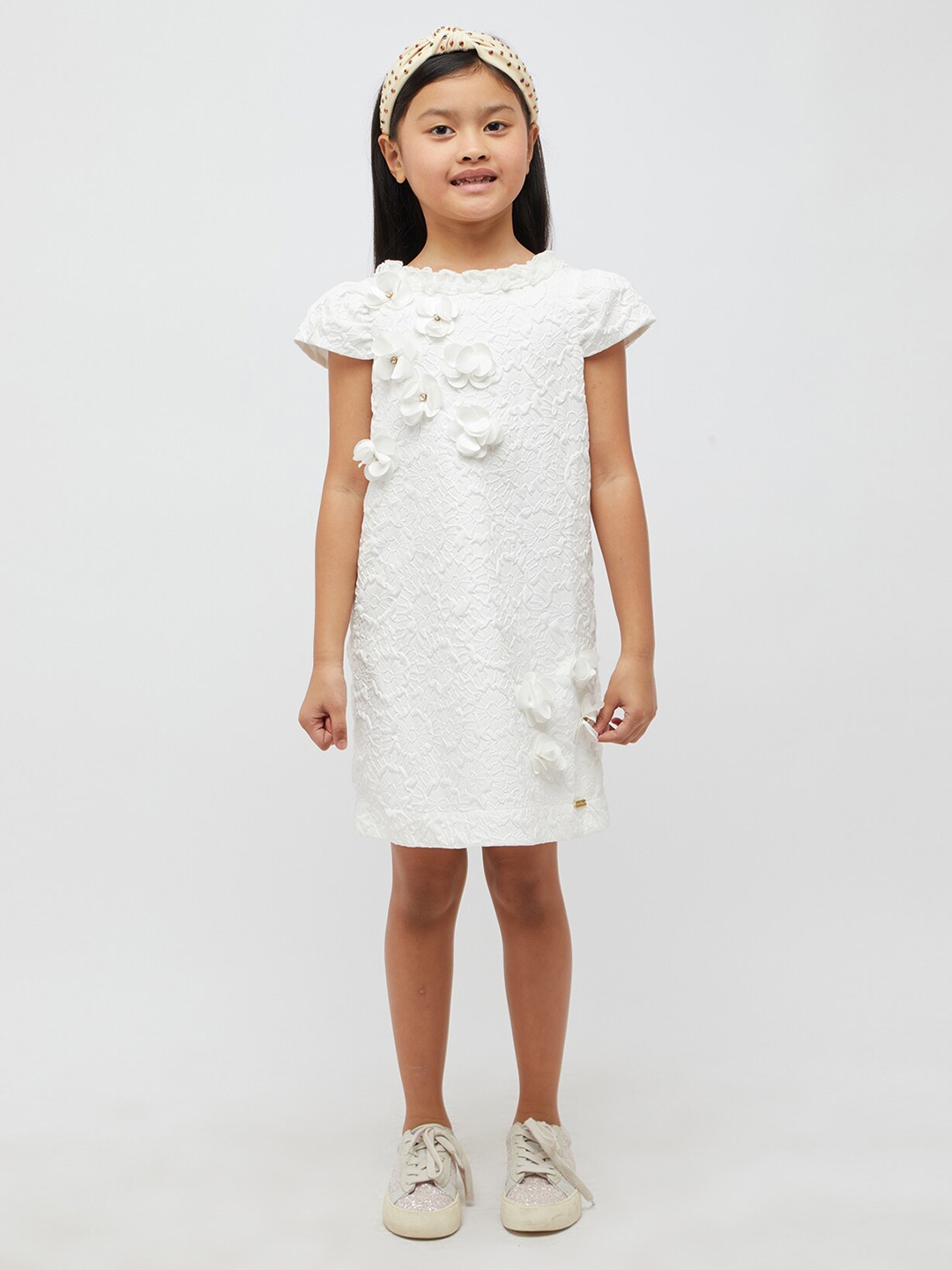 

One Friday Girls Floral Self Design A-Line Dress, Off white