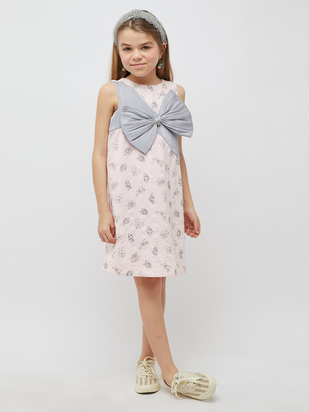 

One Friday Girls Mickey Mouse Printed Bow Detail Pure Cotton A-Line Dress, Pink