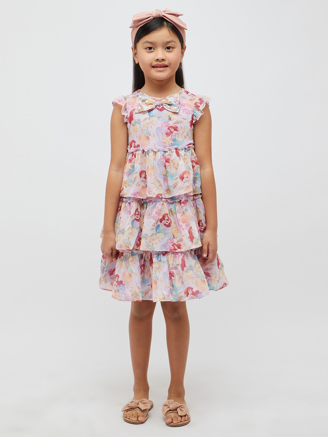 

One Friday Girls Disney Princess Printed Bow Detail Tiered A-Line Dress, Pink