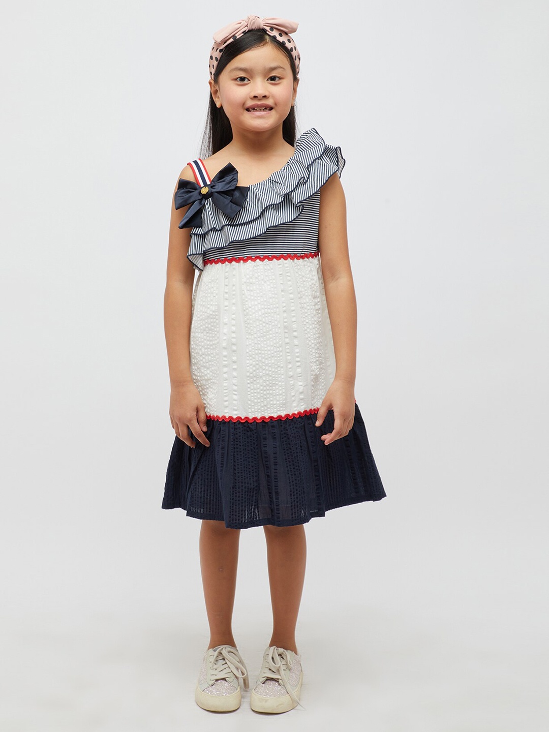 

One Friday Girls Striped Ruffled Pure Cotton Fit & Flare Dress, Navy blue