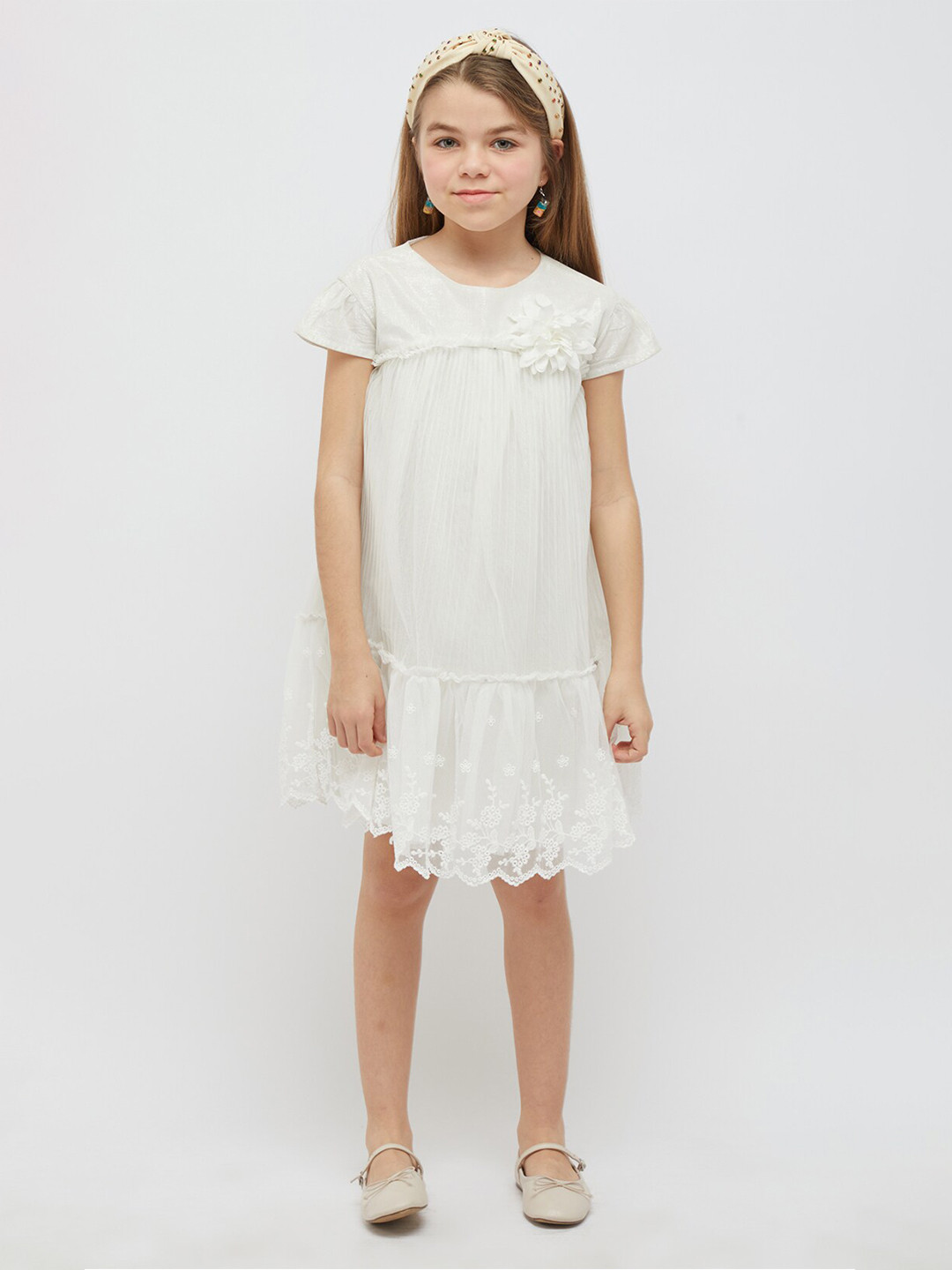 

One Friday Girls Self Design A-Line Dress, Off white