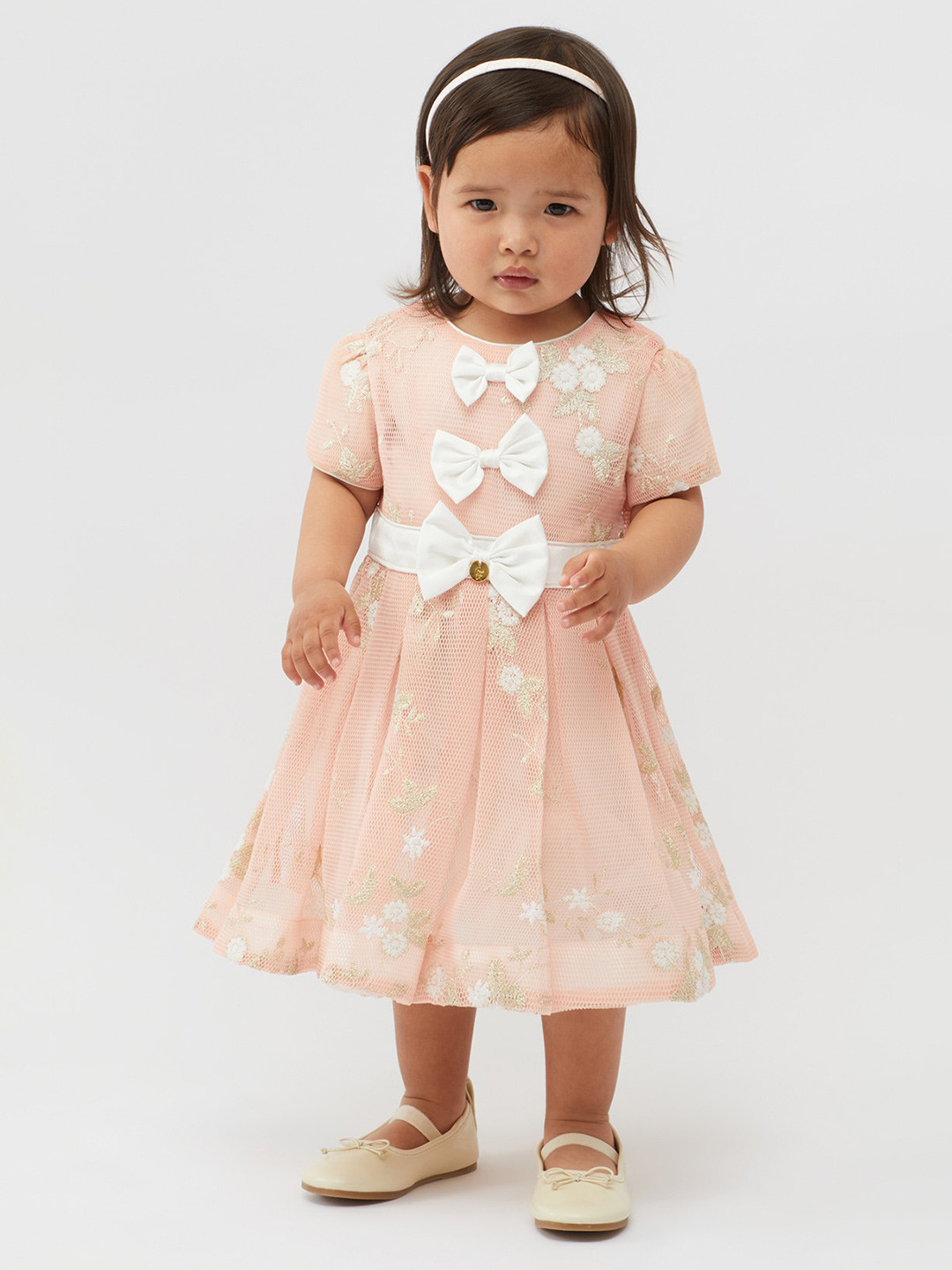 

One Friday Infant Girls Self Design Round Neck A-Line Dress, Peach