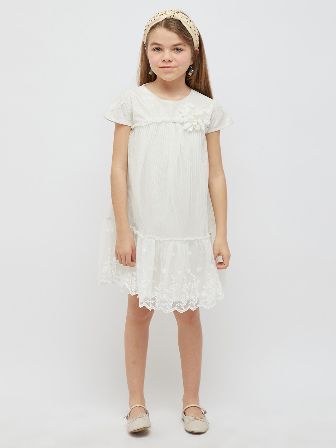 

One Friday Girls Self Design Round Neck A-Line Dress, White