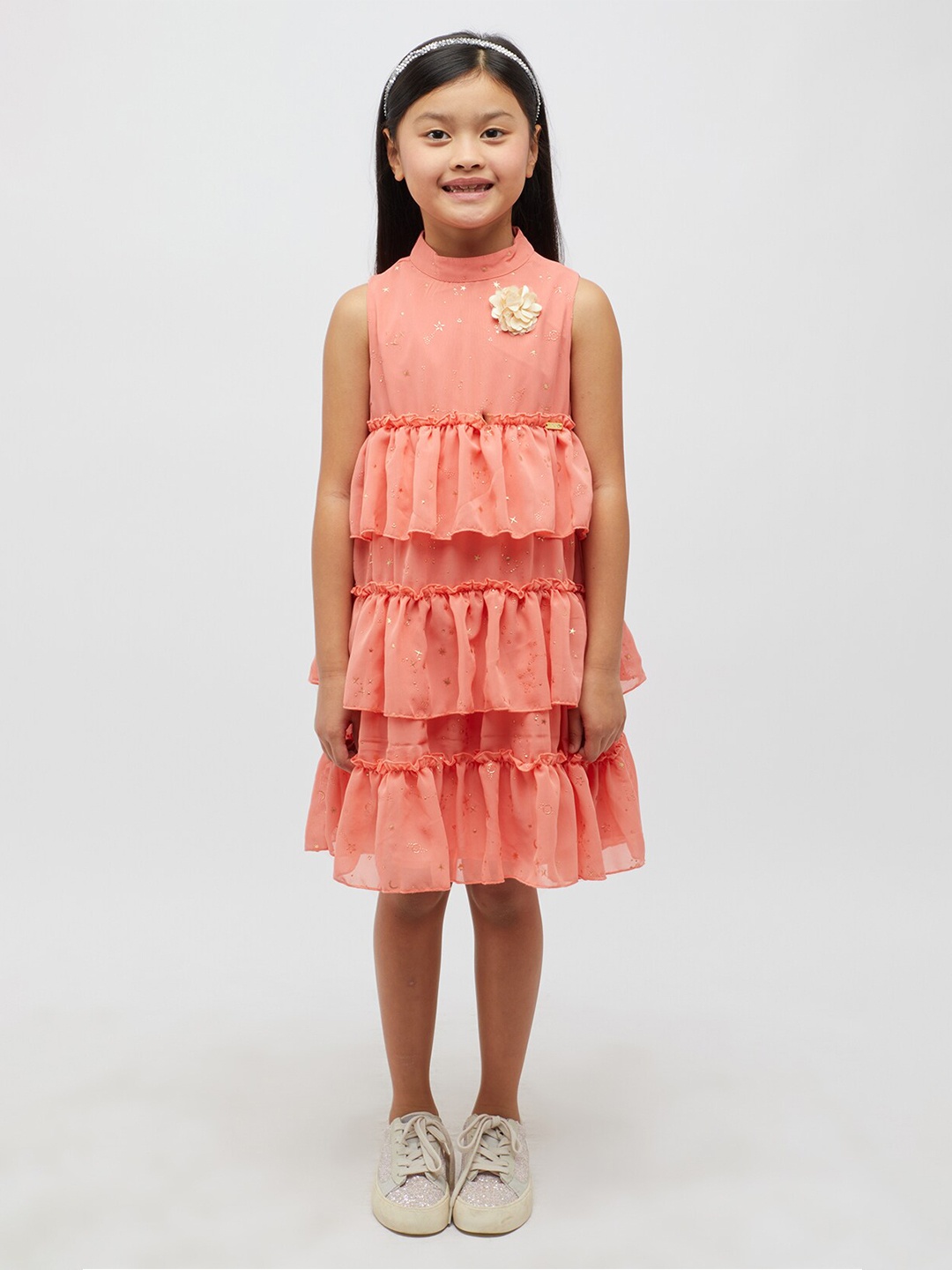 

One Friday Girls Star Printed Tiered A-Line Dress, Peach